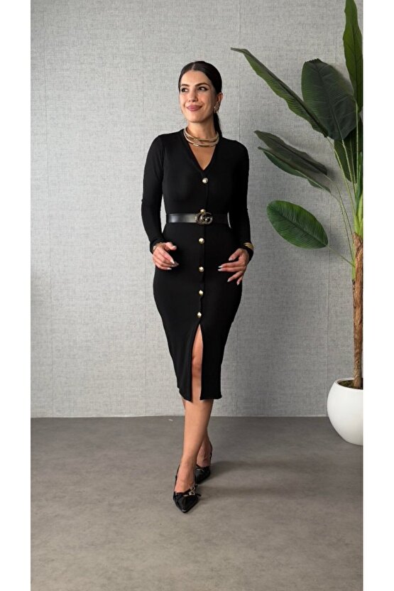EQURİ Kadın Uzun Kollu V Yakalı önden Düğmeli Yırtmaçlı Modal Midi Kemersiz Elbise