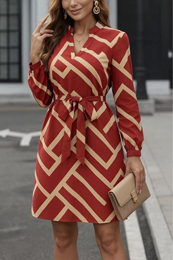 EQURİ Kadın Uzun Kollu V Yakalı Desenli Belinde Kuşaklı Dalgıç Elbise