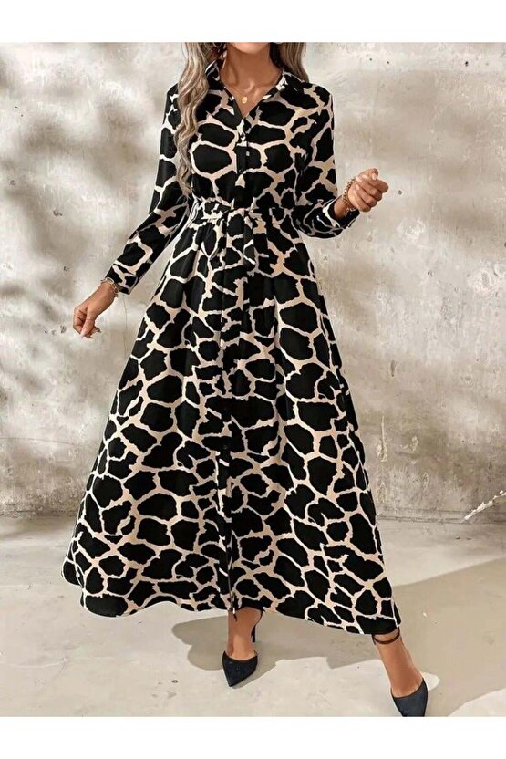 Kadın Uzun Kollu Yakalı önü Düğmeli Desenli Belden Kuşaklı Uzun Süprem Elbise