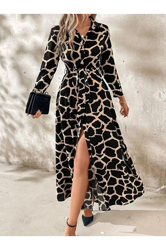 Kadın Uzun Kollu Yakalı önü Düğmeli Desenli Belden Kuşaklı Uzun Süprem Elbise