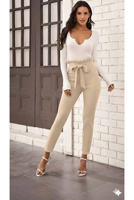 Kadın Yüksek Bel Beli Fırfırlı önden Bağlamalı Ithal Krep Pantolon