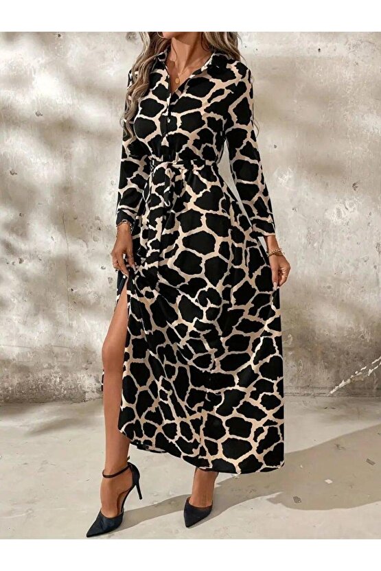 Kadın Uzun Kollu Yakalı önü Düğmeli Desenli Belden Kuşaklı Uzun Süprem Elbise