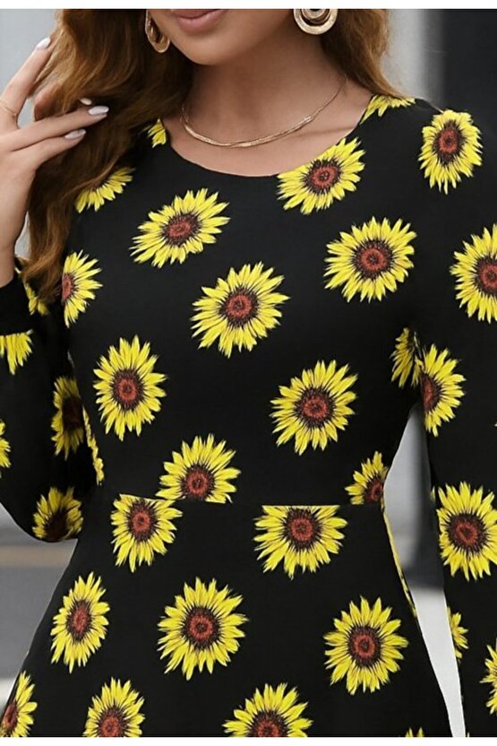 Kadın Uzun Kollu Bisiklet Yaka Desenli Kısa Krep Elbise