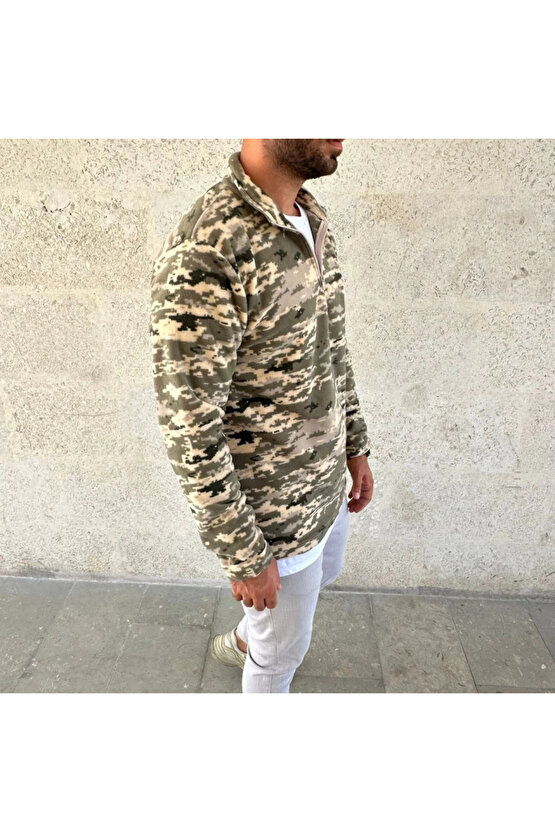 Erkek Yarım Fermuarlı Desenli Polar Sweat – Haki Kamuflaj Yakalı, Uzun Kollu, Oversize Rahat Kalıp -