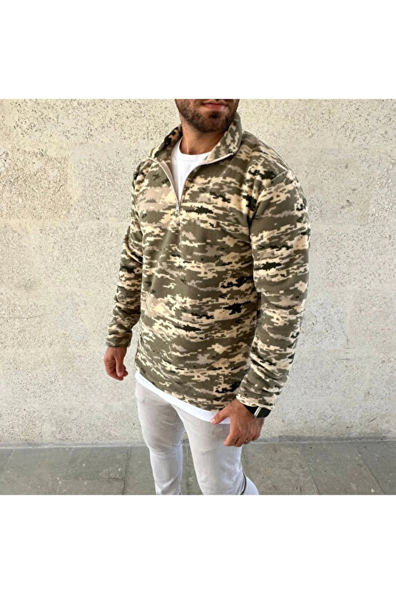 Erkek Yarım Fermuarlı Desenli Polar Sweat – Haki Kamuflaj Yakalı, Uzun Kollu, Oversize Rahat Kalıp -