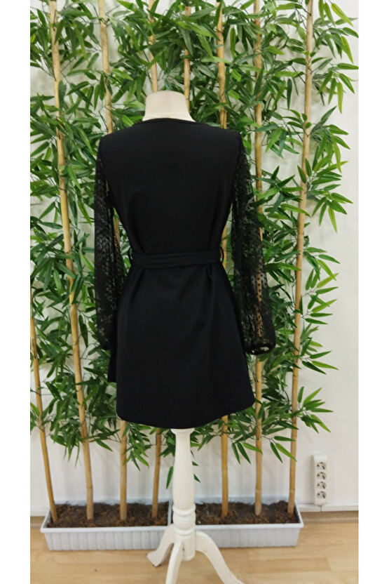 Kadın Uzun Kollu Yakadan Bağcıklı Belden Kuşaklı Ithal Krep Elbise