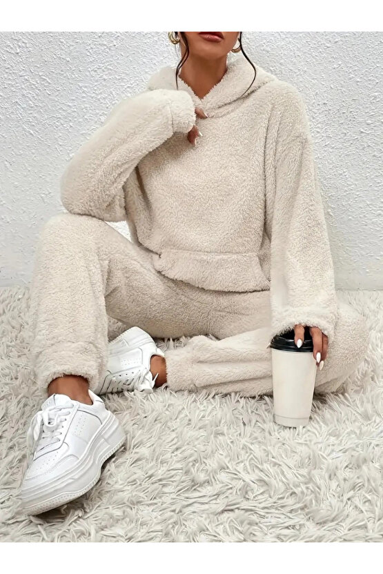 Kadın Uzun Kollu Kapşonlu önden Cepli Peluş Alt Ve üst Ikili Takım