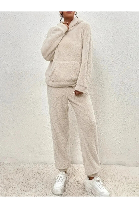 Kadın Uzun Kollu Kapşonlu önden Cepli Peluş Alt Ve üst Ikili Takım
