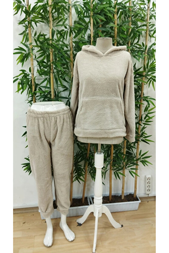 Kadın Uzun Kollu Kapşonlu önden Cepli Peluş Alt Ve üst Ikili Takım