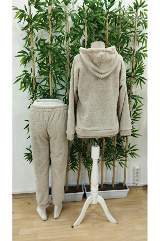 Kadın Uzun Kollu Kapşonlu önden Cepli Peluş Alt Ve üst Ikili Takım