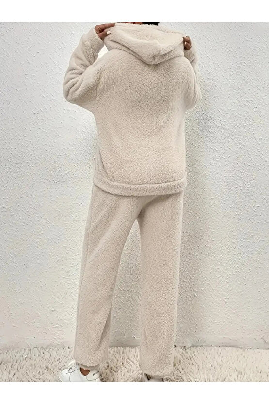 Kadın Uzun Kollu Kapşonlu önden Cepli Peluş Alt Ve üst Ikili Takım