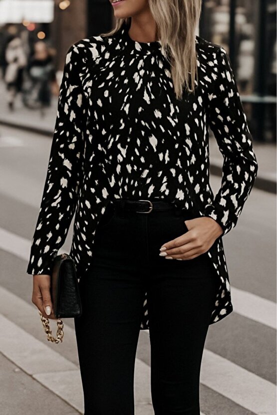 EQURİ Kadın Uzun Kollu Yarı Balıkçı Yaka Desenli Dokuma Bluz