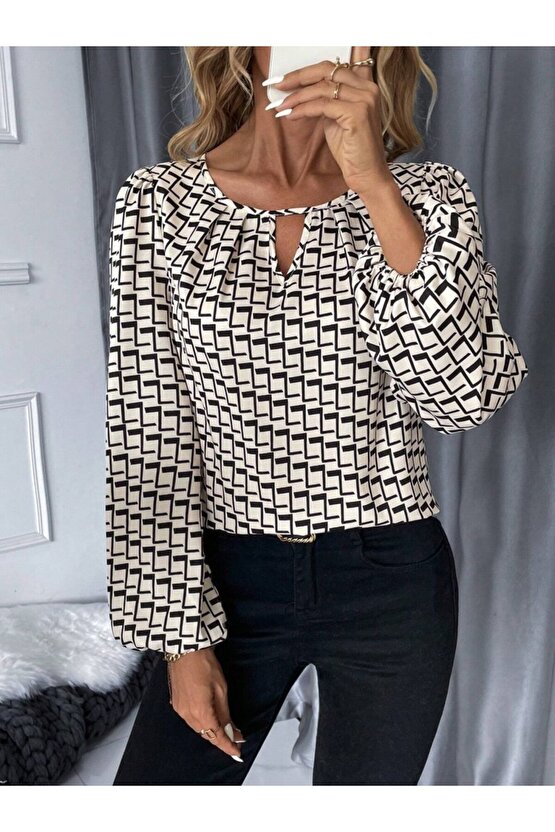 EQURİ Kadın Uzun Kollu Damla Detaylı Yaka Desenli Süprem Bluz