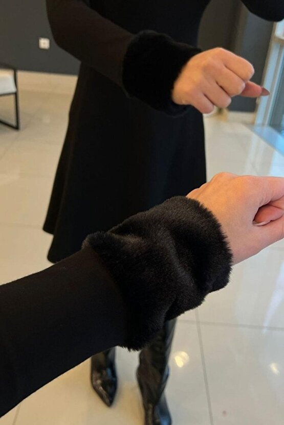 Kadın Uzun Kollu Kürk Yakalı Kolları Kürklü Fermuarlı Kısa Viskon Iki Iplik Elbise - Siyah