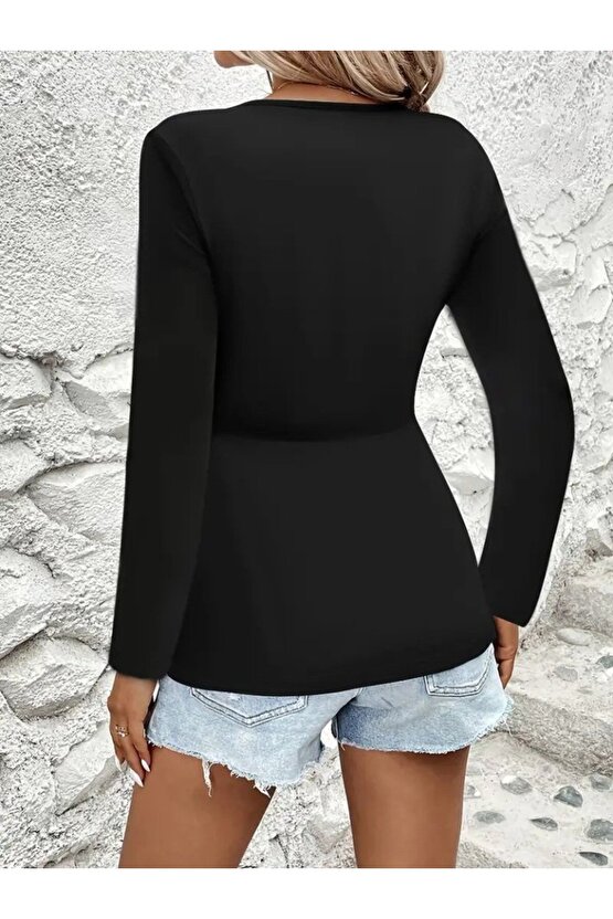 Kadın Uzun Kollu Dekolteli Sarmal Detaylı Viskon Bluz