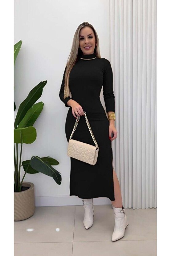 Kadın Uzun Kollu Balıkçı Yakalı Yanlardan Yırtmaçlı Kaşkorse Maxi Elbise