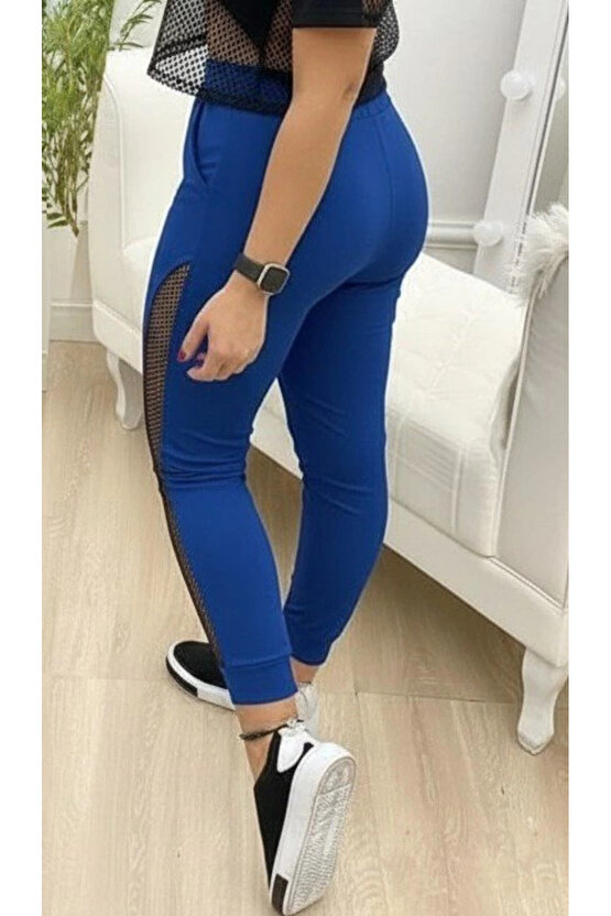 Kadın Yüksek Bel File Detaylı Dar Kesim Viskon Iki Iplik Pantolon