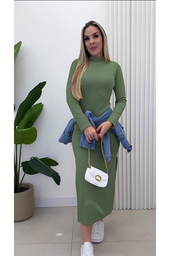 EQURİ Kadın Uzun Kollu Balıkçı Yakalı Yanlardan Yırtmaçlı Kaşkorse Maxi Elbise