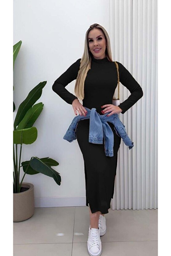 Kadın Uzun Kollu Balıkçı Yakalı Yanlardan Yırtmaçlı Kaşkorse Maxi Elbise