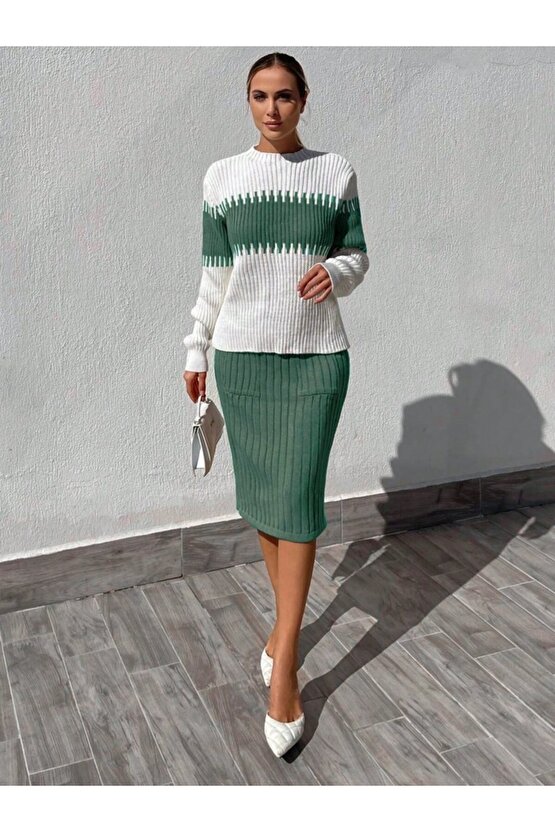 Kadın Uzun Kollu Triko Etekli Takım