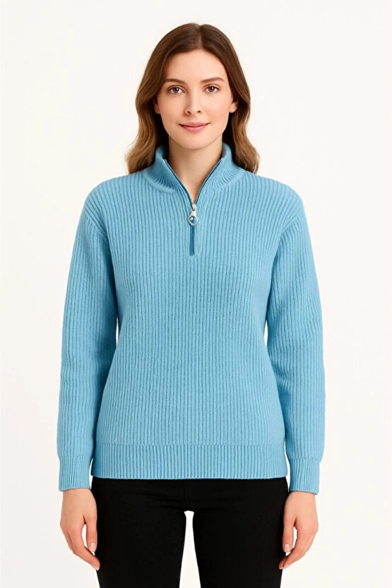 KADIN Yarım Fermuarlı Triko Kazak – Selanik Örgü, Dik Yaka, Pamuklu Dokuma, Oversize Uzun Kollu Kışl