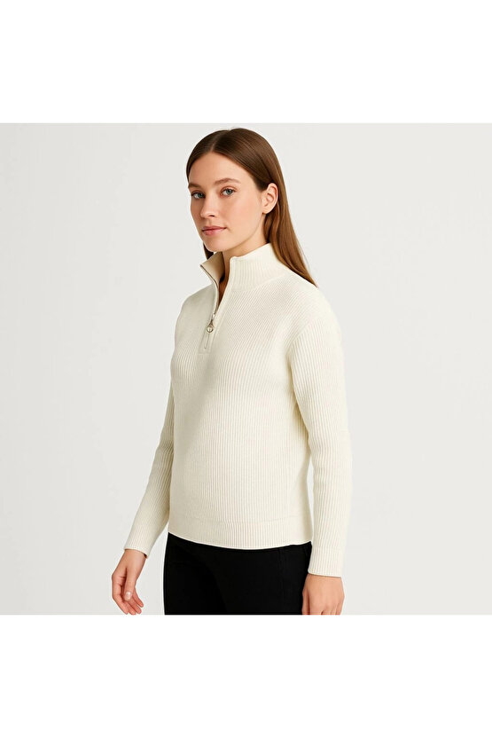 KADIN Yarım Fermuarlı Triko Kazak – Selanik Örgü, Dik Yaka, Pamuklu Dokuma, Oversize Uzun Kollu Kışl