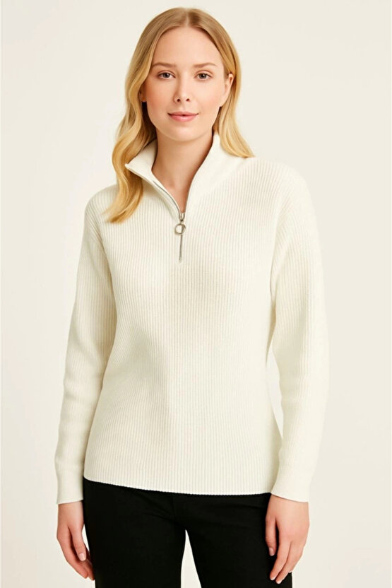 KADIN Yarım Fermuarlı Triko Kazak – Selanik Örgü, Dik Yaka, Pamuklu Dokuma, Oversize Uzun Kollu Kışl