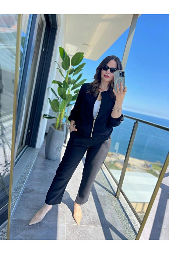 Kadın Uzun Kollu önden Fermuarlı Modal Ceket Ve Pantolon Ikili Takım
