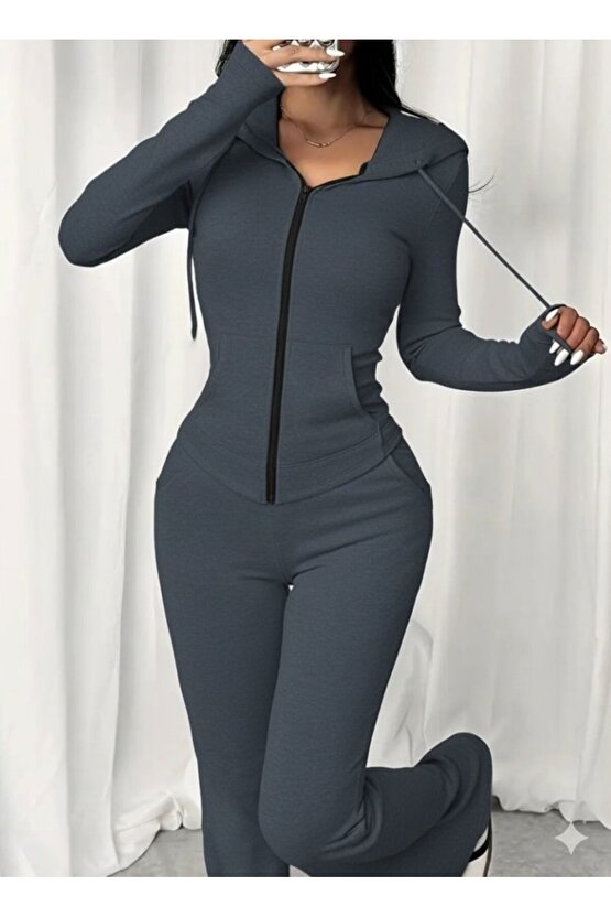 Kadın Uzun Kollu Kapşonlu Bağcıklı önü Fermuarlı Viskon Iki Iplik Bluz Ve Pantolon Ikili Takım