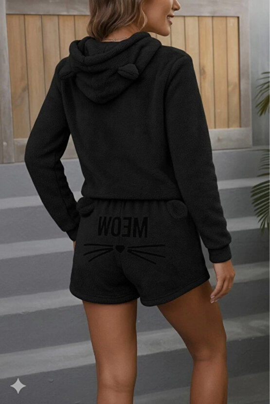 EQURİ Kadın Uzun Kollu Kapşonlu Peluş Bluz Ve Kısa Short Ikili Takım