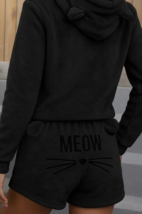 EQURİ Kadın Uzun Kollu Kapşonlu Peluş Bluz Ve Kısa Short Ikili Takım