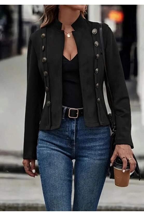 Kadın Uzun Kollu Hakim Yaka Yanlardan Düğmeli Kısa Süet Ceket