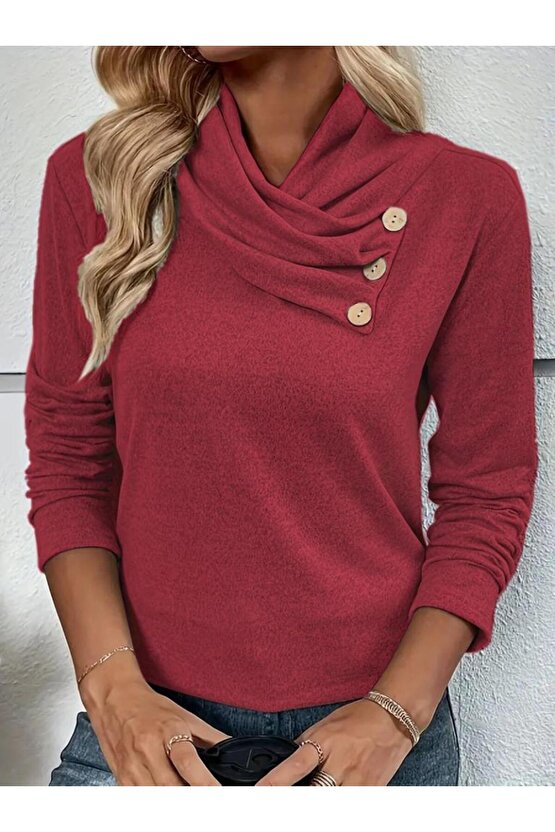 Kadın Uzun Kollu Kapişon Yaka Düğmeli Yumoş Bluz