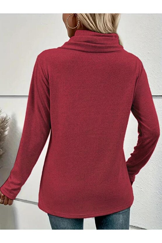 Kadın Uzun Kollu Kapişon Yaka Düğmeli Yumoş Bluz
