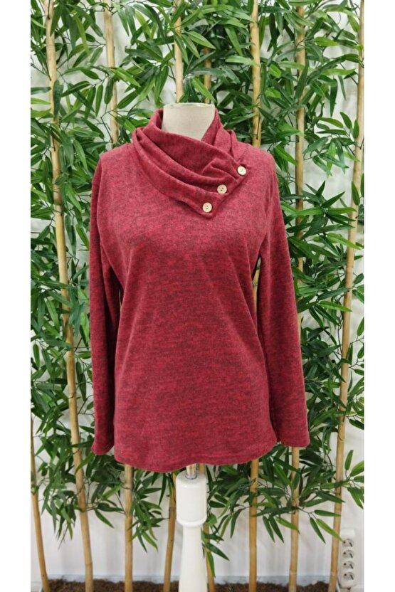 Kadın Uzun Kollu Kapişon Yaka Düğmeli Yumoş Bluz