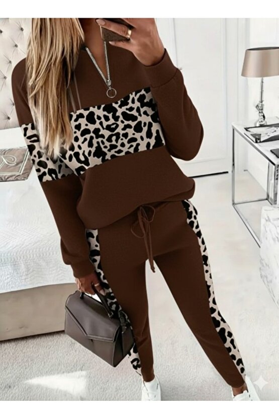 EQURİ Kadın Uzun Kollu Fermuarlı Karışık Desenli Viskon Iki Iplik Bluz Ve Pantolon Ikili Takım