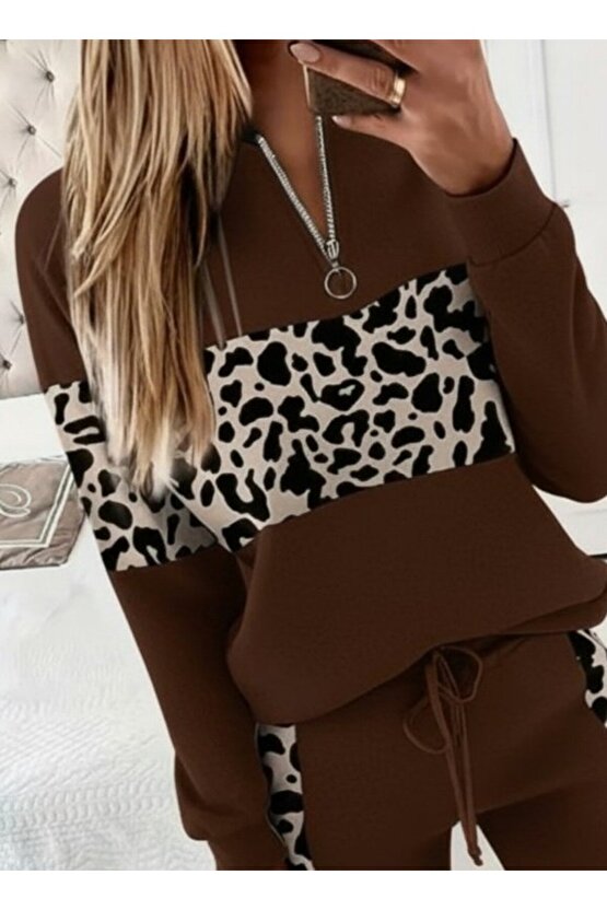 EQURİ Kadın Uzun Kollu Fermuarlı Karışık Desenli Viskon Iki Iplik Bluz Ve Pantolon Ikili Takım