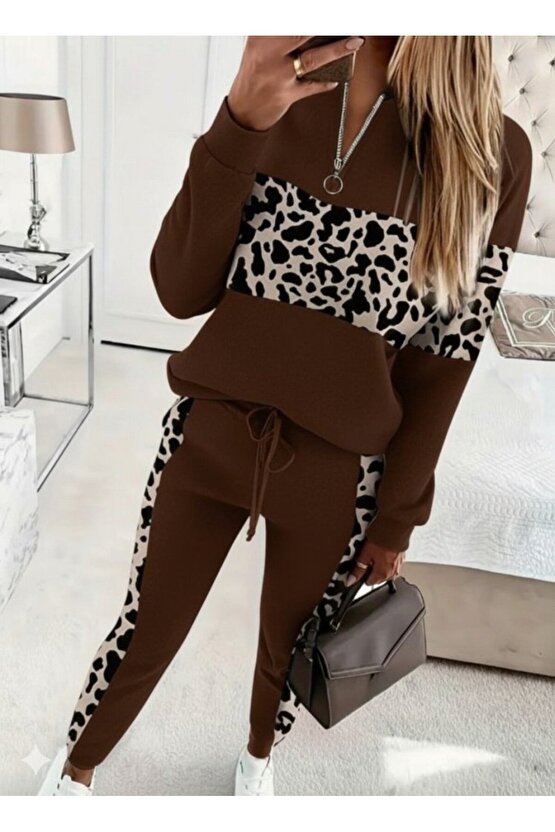 EQURİ Kadın Uzun Kollu Fermuarlı Karışık Desenli Viskon Iki Iplik Bluz Ve Pantolon Ikili Takım