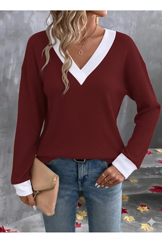 Kadın Uzun Kollu V Yakalı Waffle Bluz