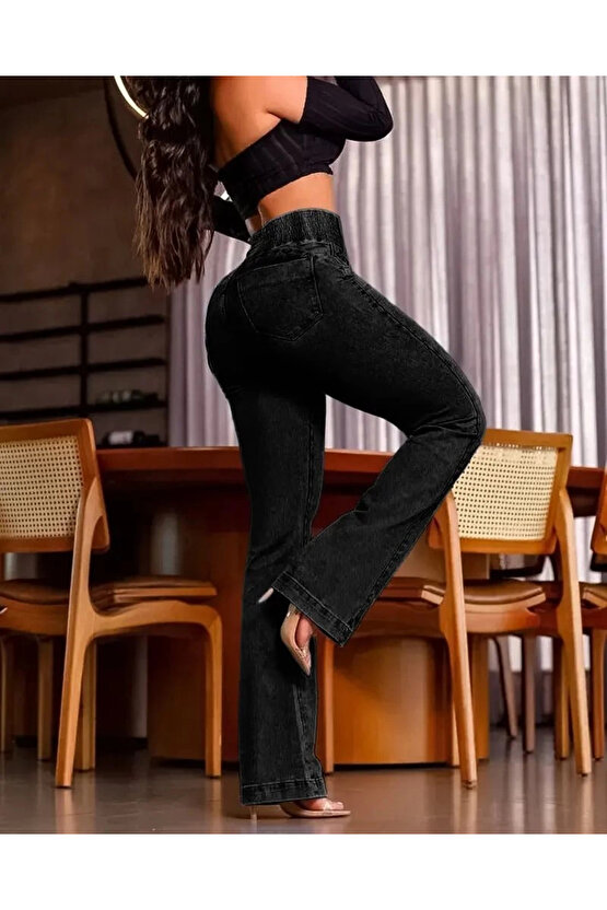 MDB Kadın Yüksek Bel Yanları Lastik önü Düğmeli Kot Pantolon