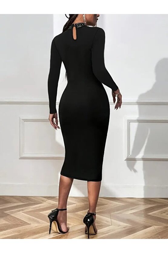 EQURİ Kadın Uzun Kollu Balıkçı Yaka Taşlı Damla Detay Midi Ithal Krep Elbise