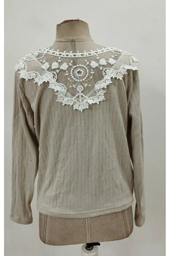 Kadın Uzun Kollu V Yakalı Arkadan Dantel Detaylı şardonlu Kaşkorse Bluz