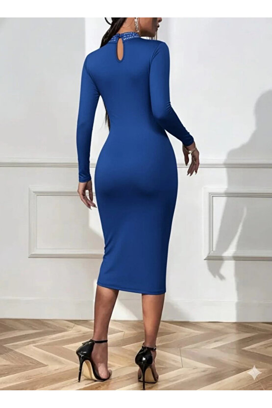 Kadın Uzun Kollu Balıkçı Yaka Taşlı Damla Detay Midi Ithal Krep Elbise