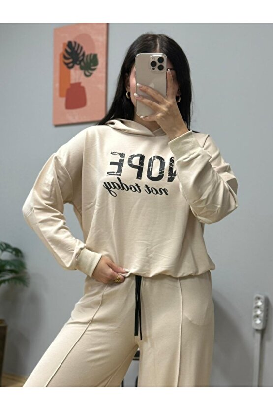 EQURİ Kadın Uzun Kollu Nope Baskılı Beli Ribanalı Ikili Takım