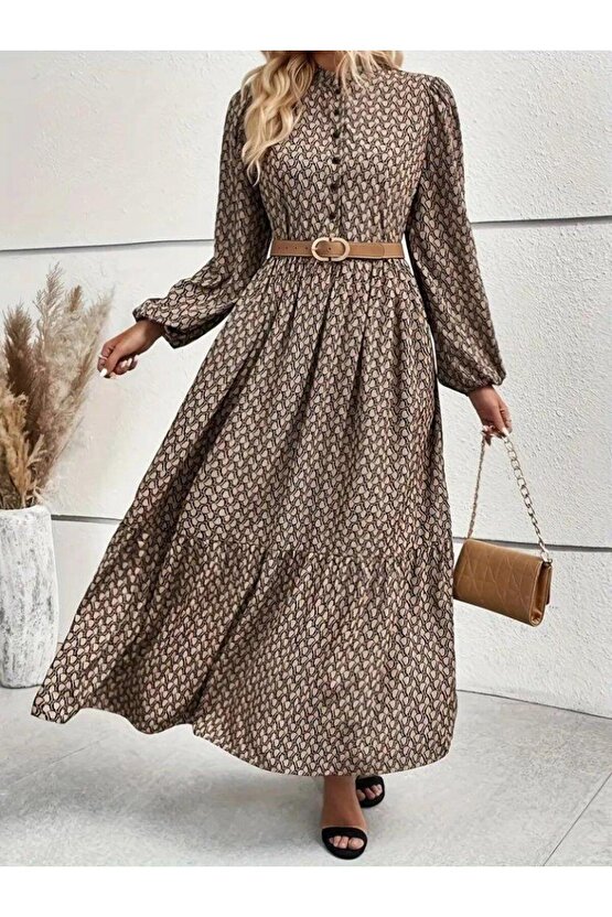 Kadın Uzun Kollu Hakim Yakalı Düğmeli Kemersiz Desenli Maxi Süprem Elbise