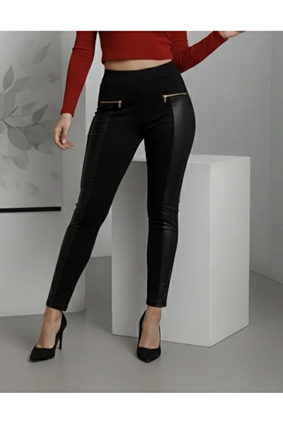 Kadın Yüksek Bel Deri Detaylı Fermuarlı Dalgıç Tayt