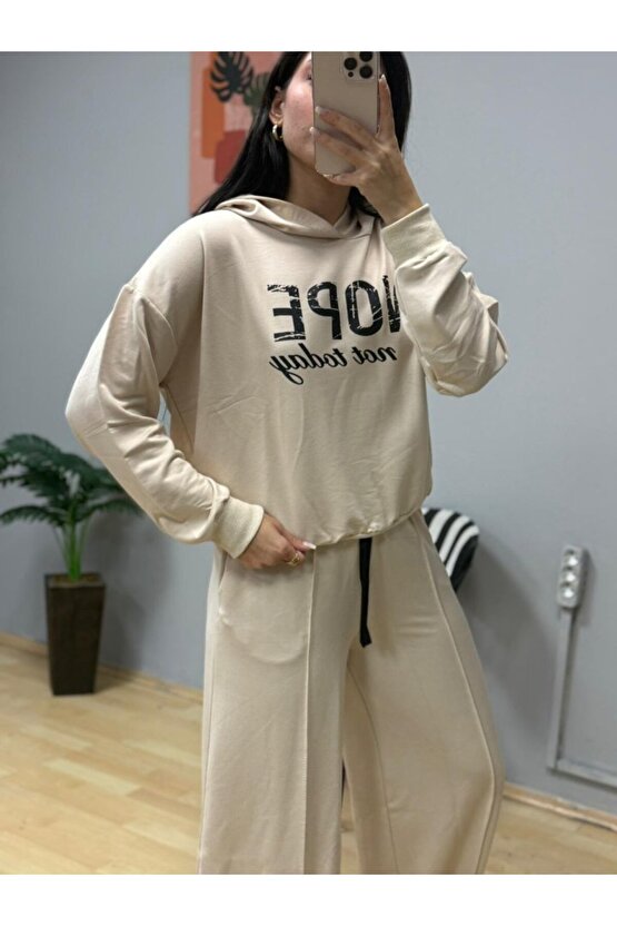 EQURİ Kadın Uzun Kollu Nope Baskılı Beli Ribanalı Ikili Takım