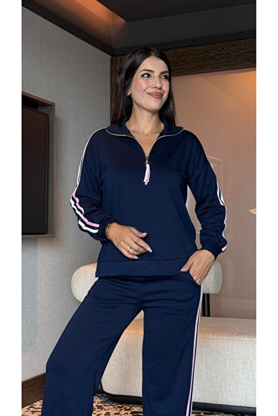 EQURİ Kadın Uzun Kollu Fermuarlı Viskon Iki Iplik Bluz Ve Pantolon Ikili Takım