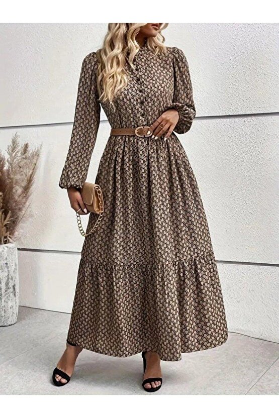 Kadın Uzun Kollu Hakim Yakalı Düğmeli Kemersiz Desenli Maxi Süprem Elbise