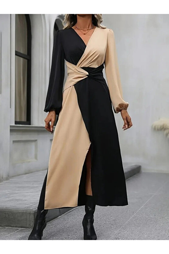 Kadın Uzun Kollu Kruvaze Yakalı Belden çapraz Detaylı çift Renkli Midi Ithal Krep Elbise